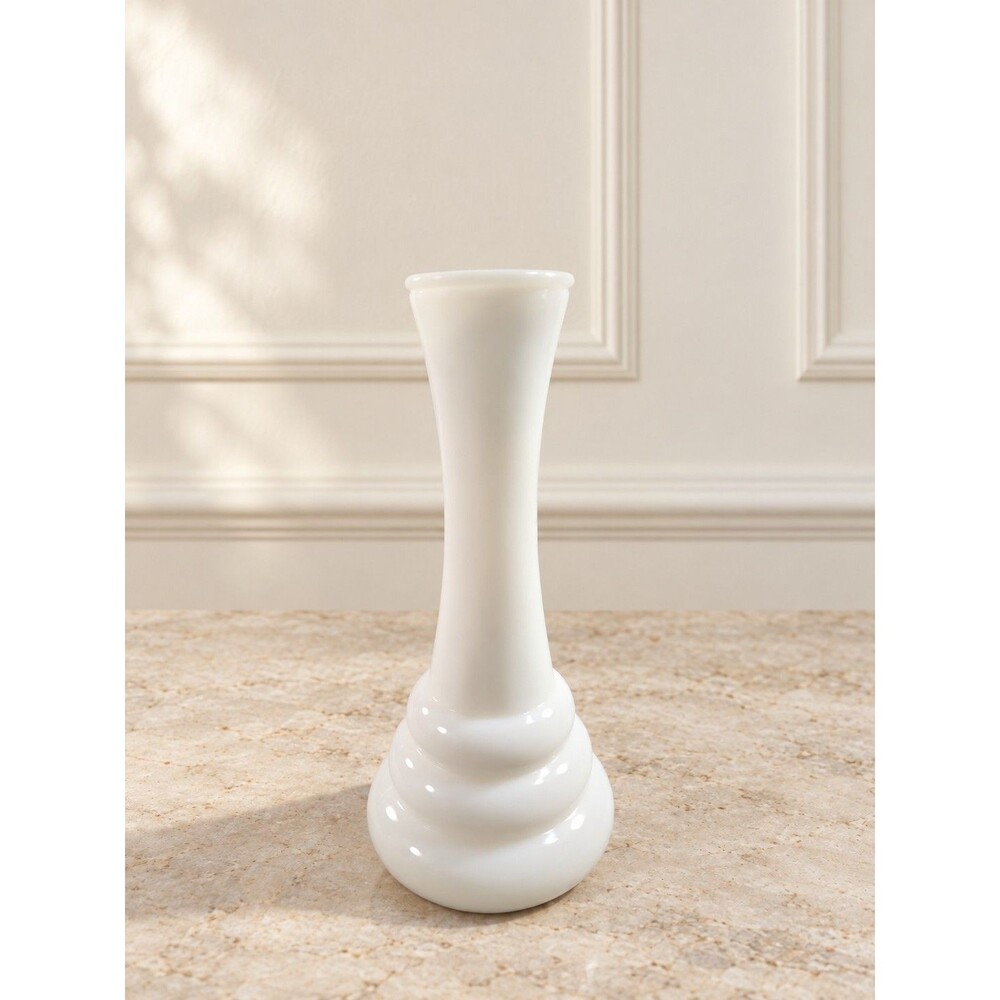 Vintage White Milk Glass Bud Vase Swirl Tiered Base 6” Tall Mid-Century Décor